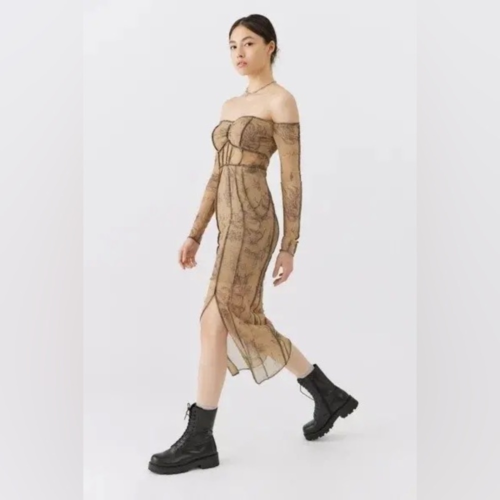 Urban Outfitters Tan Sheer Off-Shoulder Midi Dress with Black Floral Detail